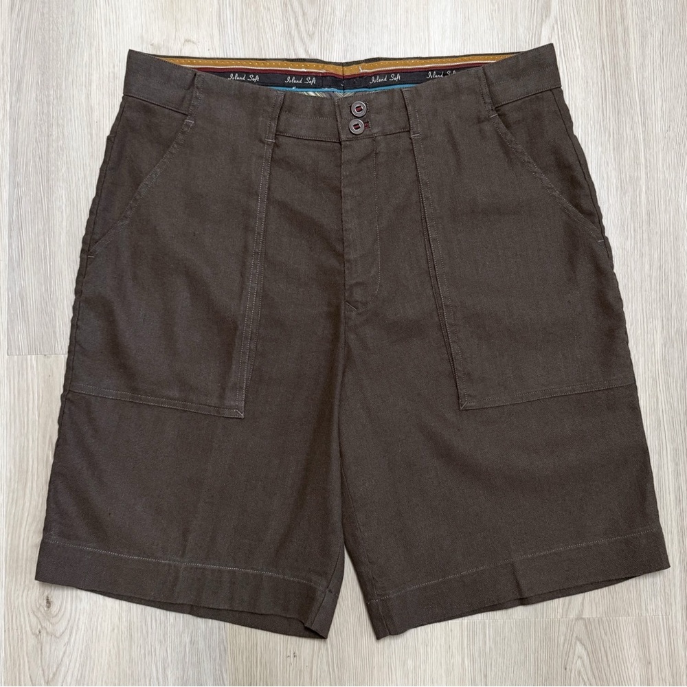 Island Soft Tommy Bahama Brown Linen Blend Woven Diagonal Patch Pocket Shorts 36